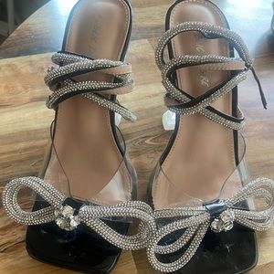 Public Desire Glimmer Black wide fit wrap around diamanté bow square toe heel